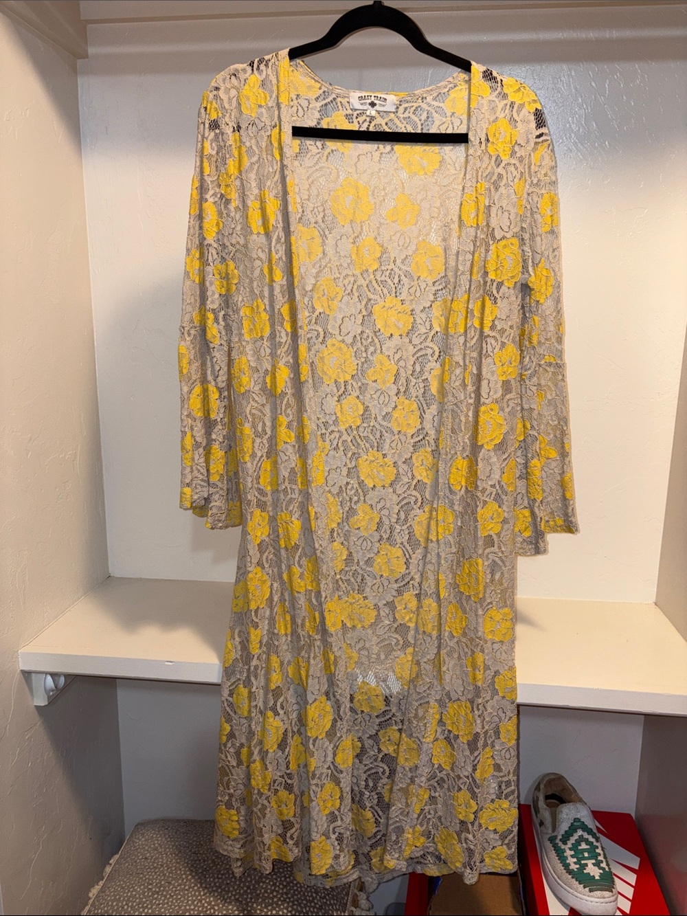 Crazy Train Beige Lace Duster with Yellow Floral Embroidery